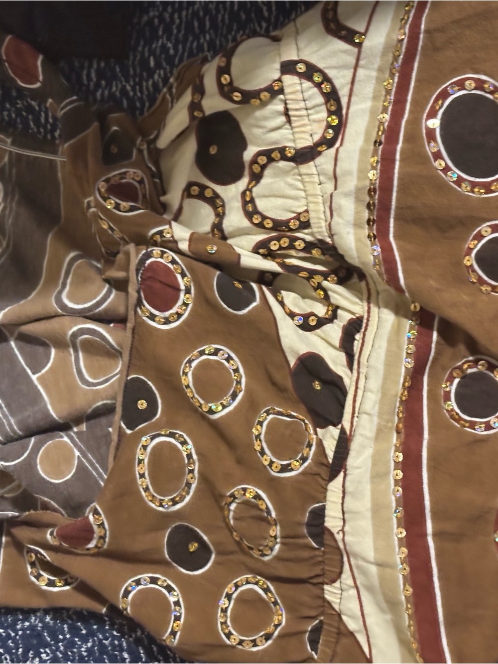 Women's Brown and Cream Embellished Circle-Print Blouse